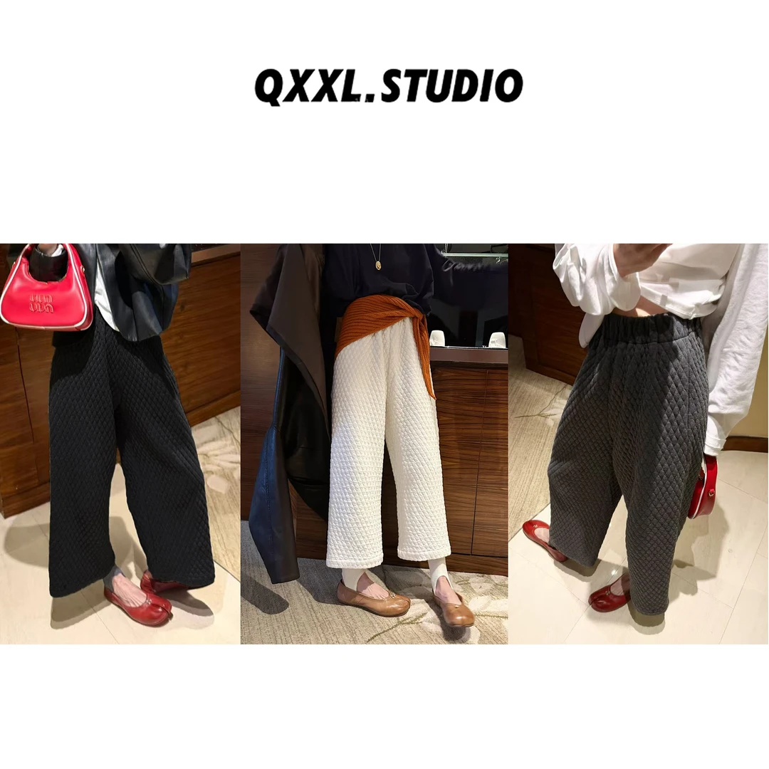 邱小小丽呀 秋冬新款复古加厚菱形格九分裤女宽松休闲直筒阔腿裤