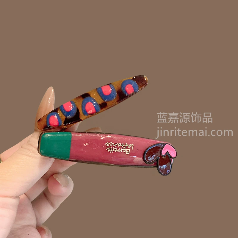 东大门新款彩色滴油爱心发夹小众设计感豹纹侧边夹精致时尚刘海夹