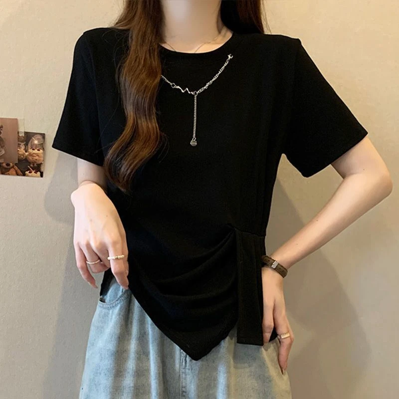 棉大码夏季不规则短袖正肩t恤女设计感收腰褶皱带链条洋气上衣ins