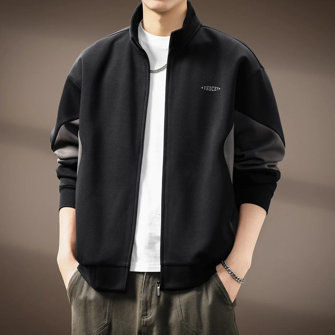 高端美式重磅拼接开衫卫衣男士秋季新款潮牌宽松休闲运动立领外套