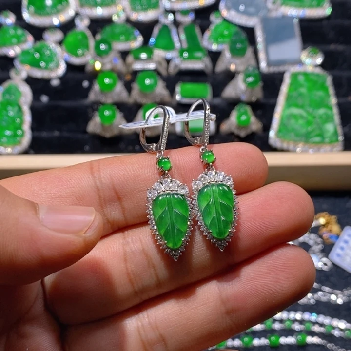 翡翠耳饰银S925镶嵌天然A货翡翠