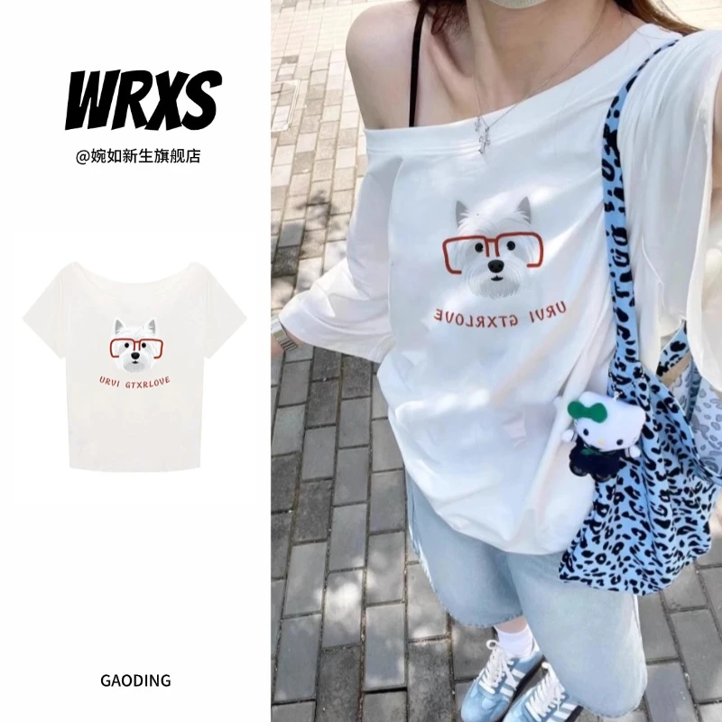 【婉如新生】白色萌趣创意印花斜肩短袖t恤女夏季美式辣妹露肩上衣