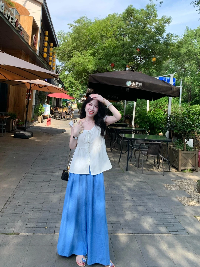 2025夏季百度韩系圆领系带纯色衬衫高腰蓝色设计感阔腿裤两件套装