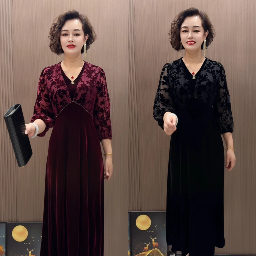 时尚简约修身显瘦气质高雅丝绒秋冬连衣裙长袖高贵秋季洋气裙子