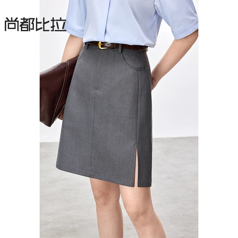 尚都比拉灰色A字短裙女夏季2025新款通勤职业开叉西服中腰裙子女