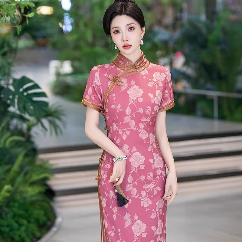 俞兆林厂家直销2025新款中国风女装仿真丝旗袍长款礼服日常改良旗