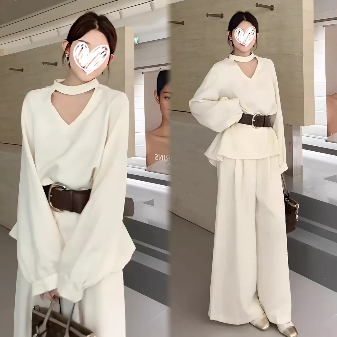 秋季新款大码胖MM老钱风气质v领显瘦上衣宽松阔腿裤套装
