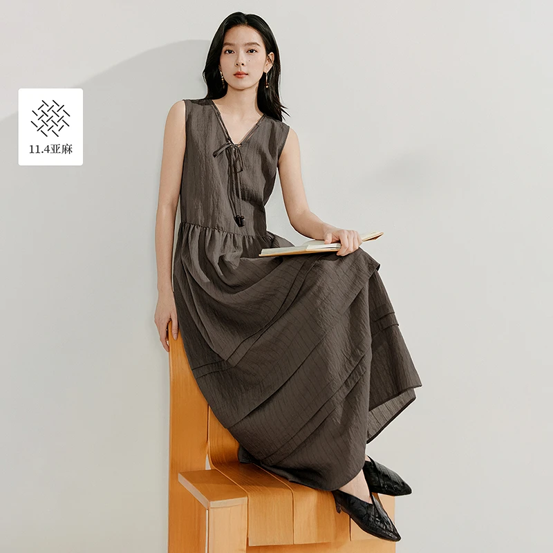 【商场同款新品】茵曼2025夏季亚麻镂空系带连衣裙时尚舒适无袖长裙
