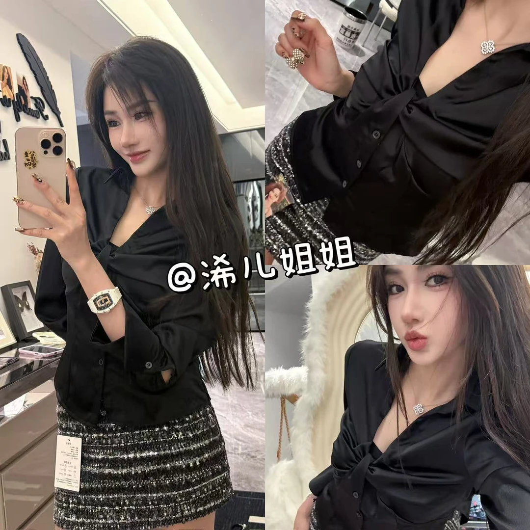 纯欲风v领长袖缎面衬衫