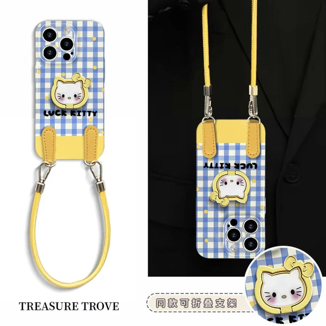 BANCA幸运格纹kitty支架适用苹果16/15菲林手机壳华为vivoppo小米