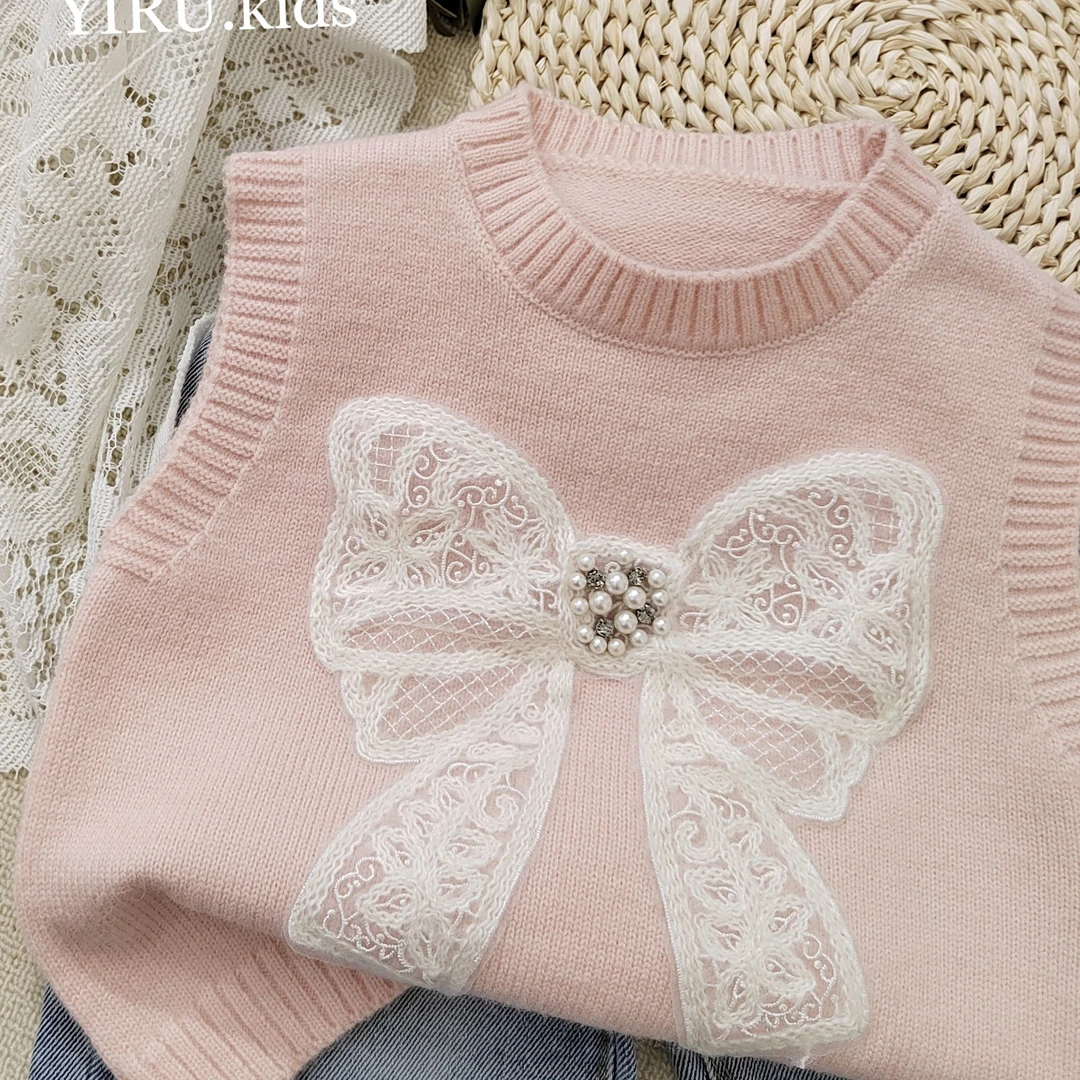 番茄家*2025年春季新款女童针织蝴蝶结粉色马甲D-W35