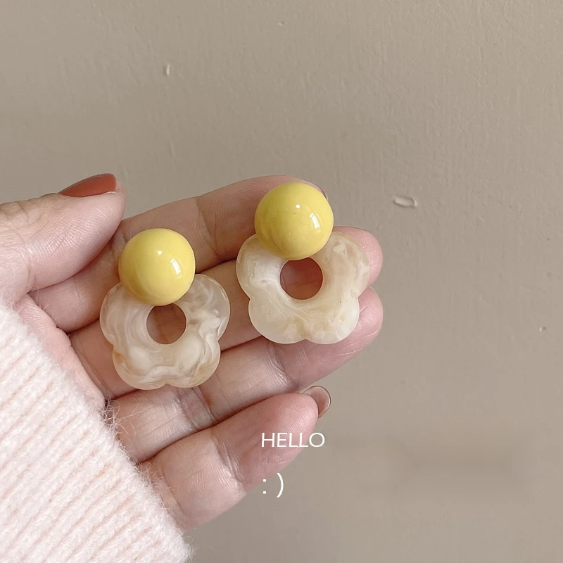合金耳饰 海边度假风盐系晕染姜黄花朵耳钉耳饰春日甜美温柔耳环
