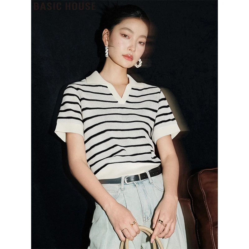 Basic House/百家好莱赛尔冰丝Polo领条纹针织正肩短袖T恤女夏季