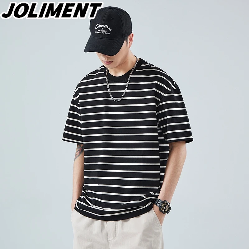 JOLIMENT夏季男士冰丝薄款条纹圆领短袖T恤港风打底纯棉休闲上衣