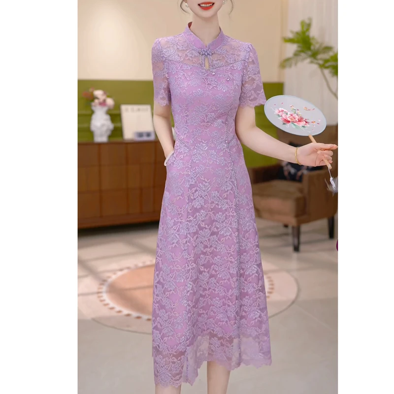 紫色蕾丝国风旗袍改良版新中式连衣裙子女士夏季新款中长包臀洋气