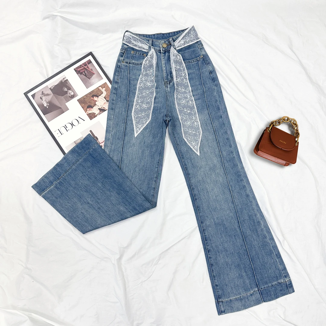 挺缘桃花潭水深千尺春季新款阔腿微喇高腰牛仔裤女2025年宽松百搭