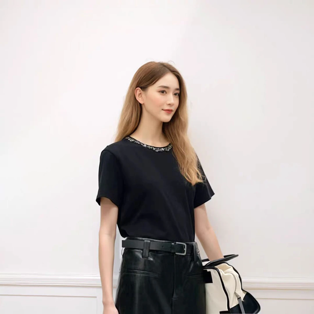 8987天使之泪设计感圆领钻钻上衣复古气质T恤女