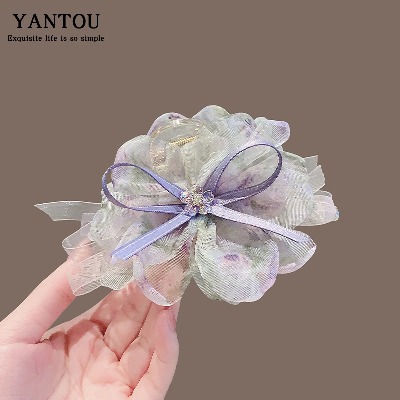 夏季款网纱花朵抓夹气质温柔蝴蝶结发夹女仙气飘飘盘发鲨鱼夹发卡