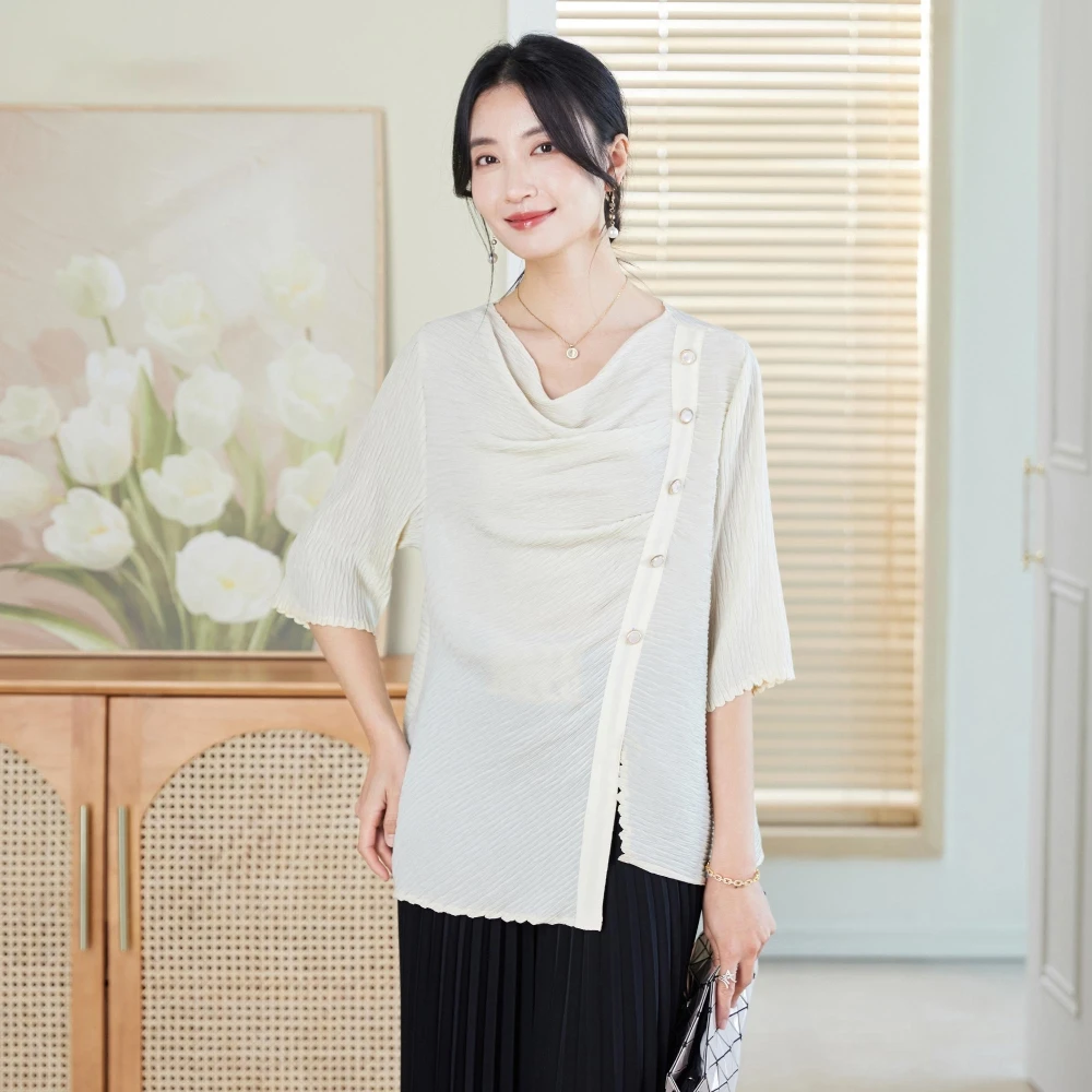 优雅褶皱上衣女2025春夏新款宽松大码女装时尚气质上衣显瘦设计感