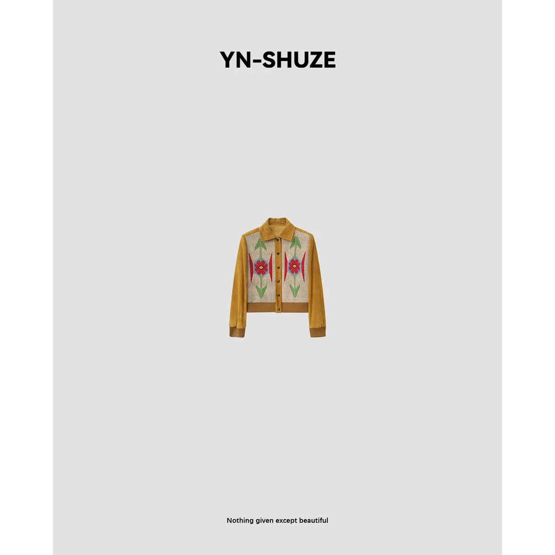 YN-SHUZE【色彩日记】印花排扣翻领羊反绒短款外套SZ-YNB-19915