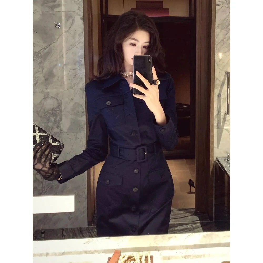 法式气质轻奢高级感巨好看大方得体收腰藏蓝色工装衬衫连衣裙女秋