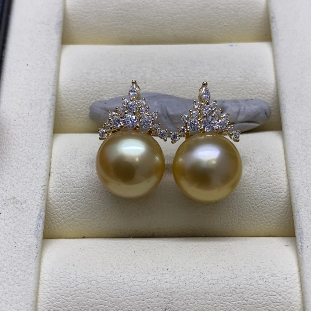 银S925镶嵌耳饰海水珍珠浓金耳饰11-12m m