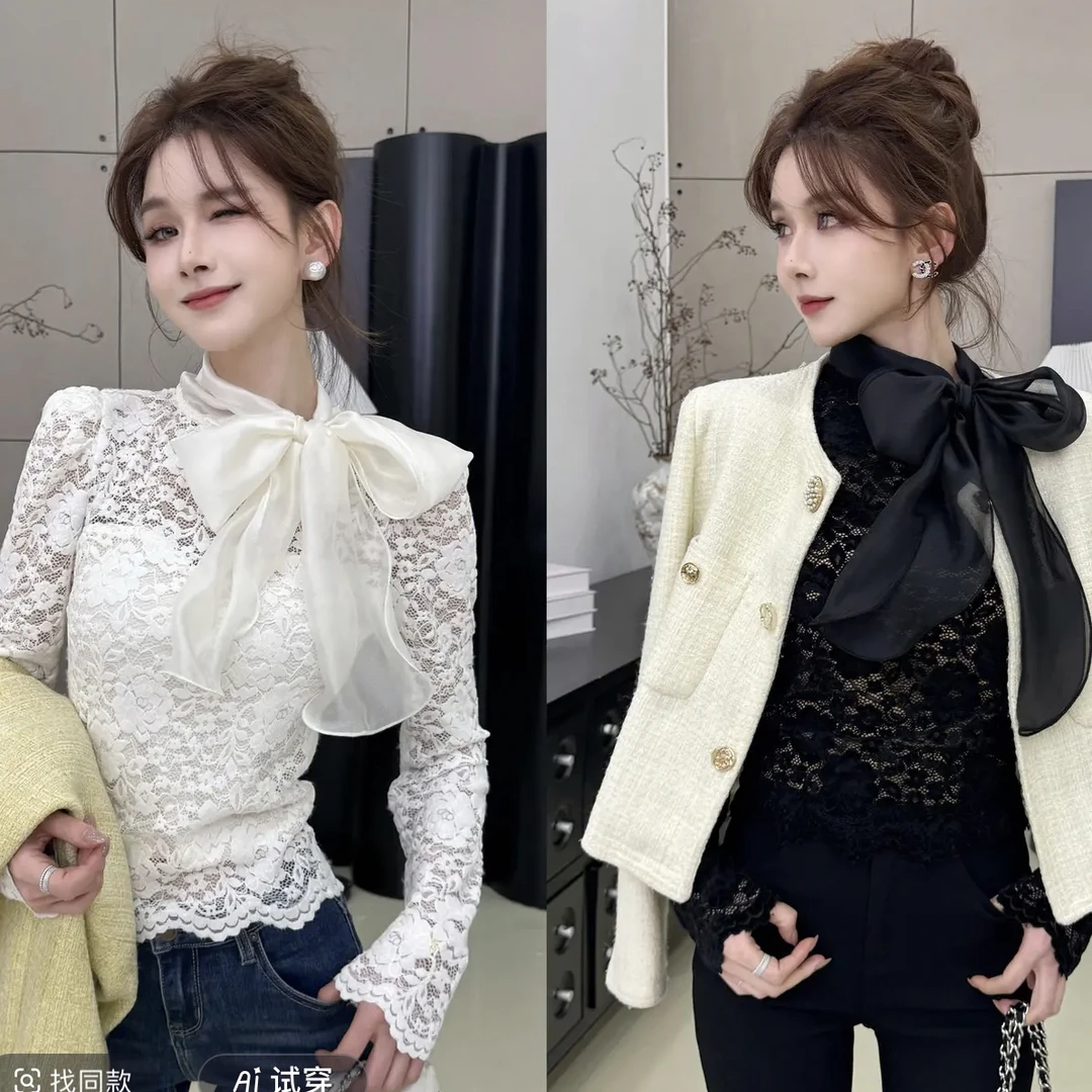 【迷雾蝴蝶】 蕾丝气质蝴蝶结内磨毛加绒上衣