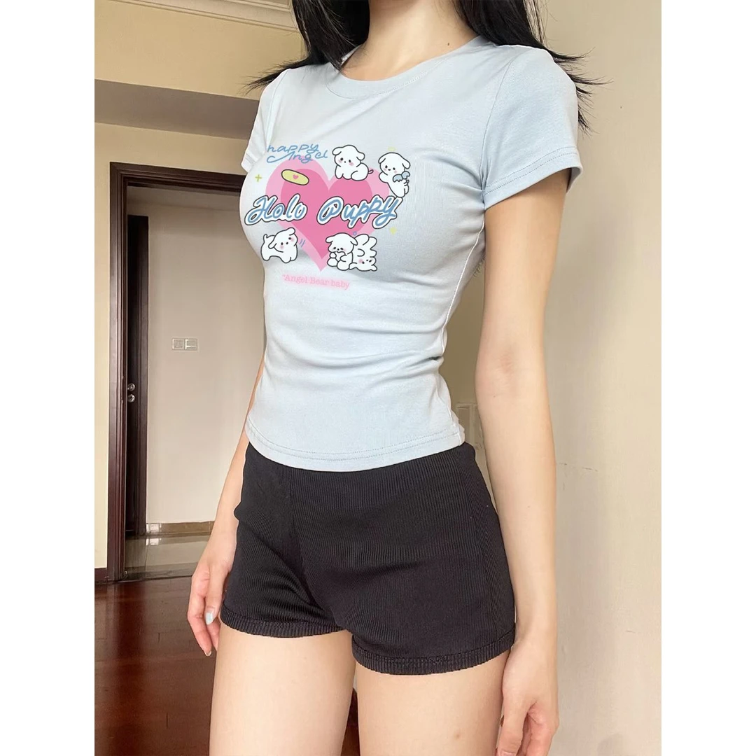 夏季新款纯欲辣妹穿搭女装正肩圆领T恤短袖收腰修身褶皱ins风上衣