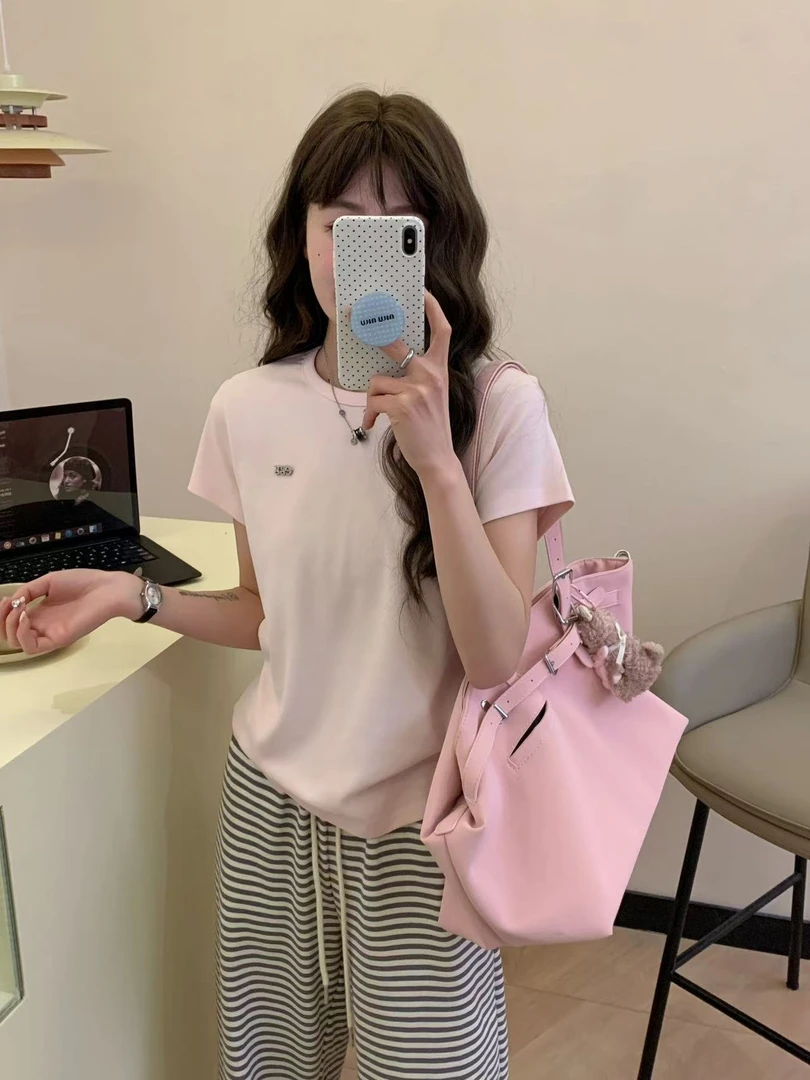 程程甄选  亮钻eg纯色简约大气时尚修身短袖615