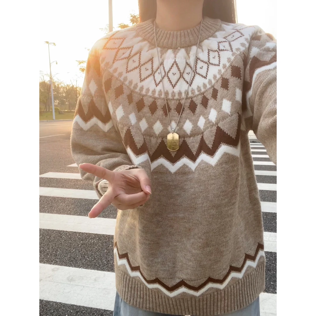 费尔岛针织毛衣男秋冬美式复古慵懒风宽松潮流百搭圆领菱形针织衫