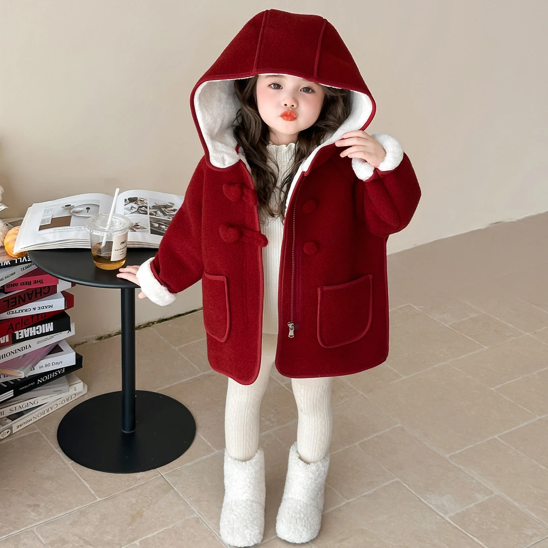 女童冬款加绒连帽呢大衣外套洋气红色新年高级感爱心盘扣拜年服潮