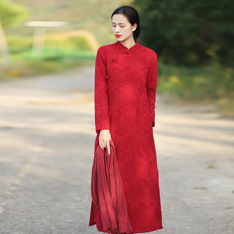 2025冬季加厚立领改良旗袍文艺棉麻提花复古长袖连衣裙中国风袍子