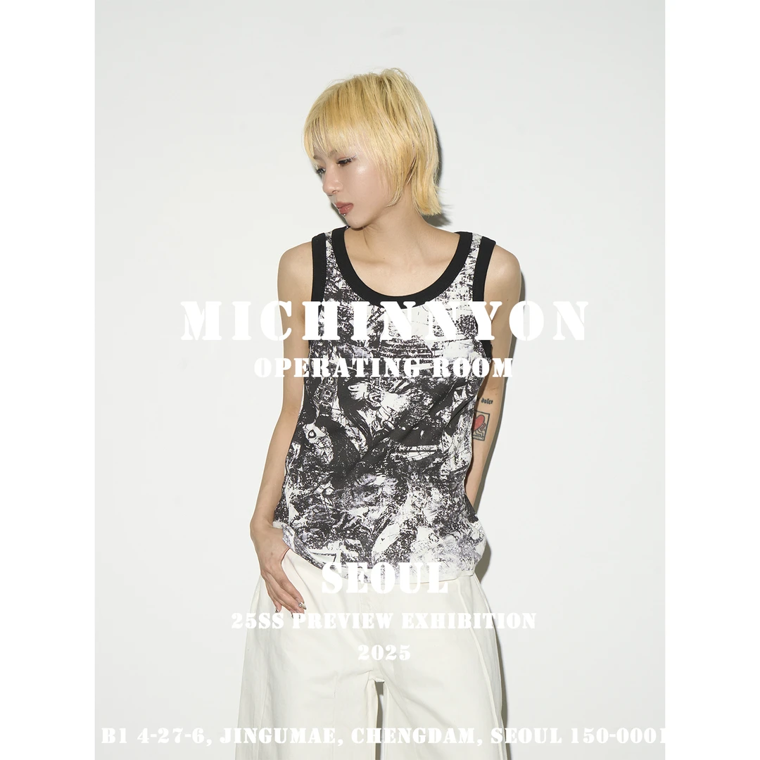 MICHINNYON「抽象涂鸦」街头黑白印花做旧背心个性打底上衣男女