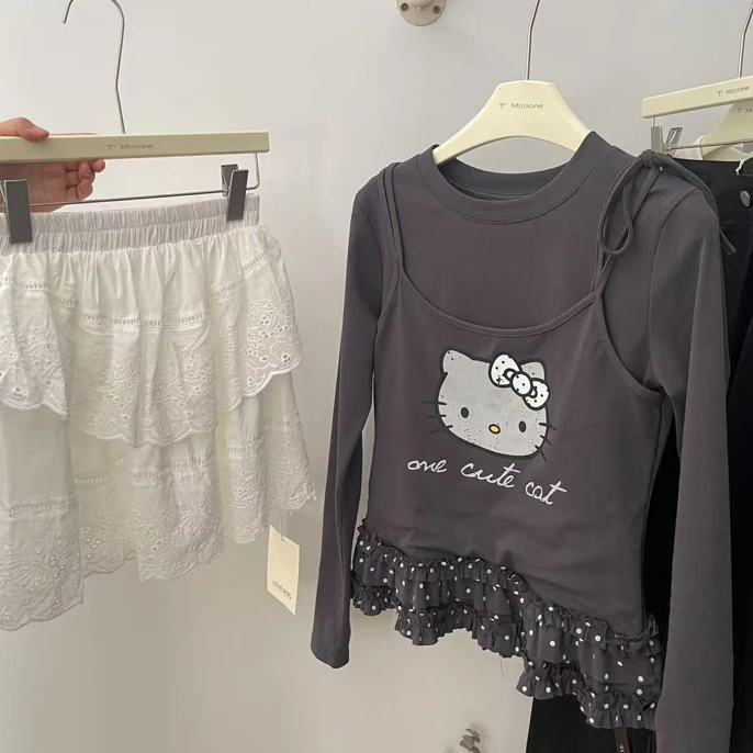 竖条纹修身型少女风波点圆领T恤百搭印花职场休闲风