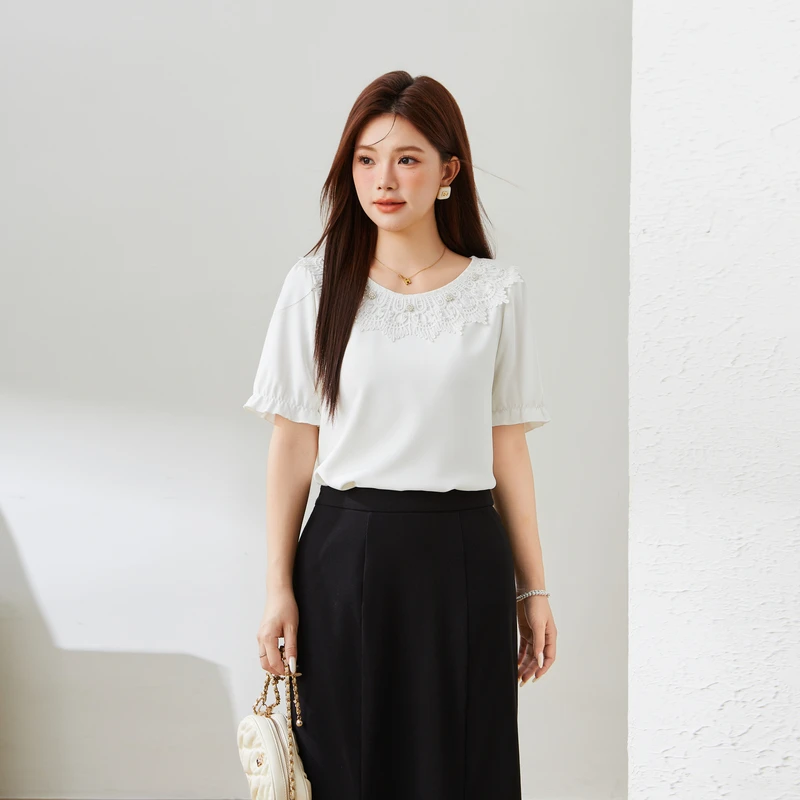 采多宝大码女装花边钉珠圆领泡泡袖2025夏季修身显瘦小衫 EXA5513