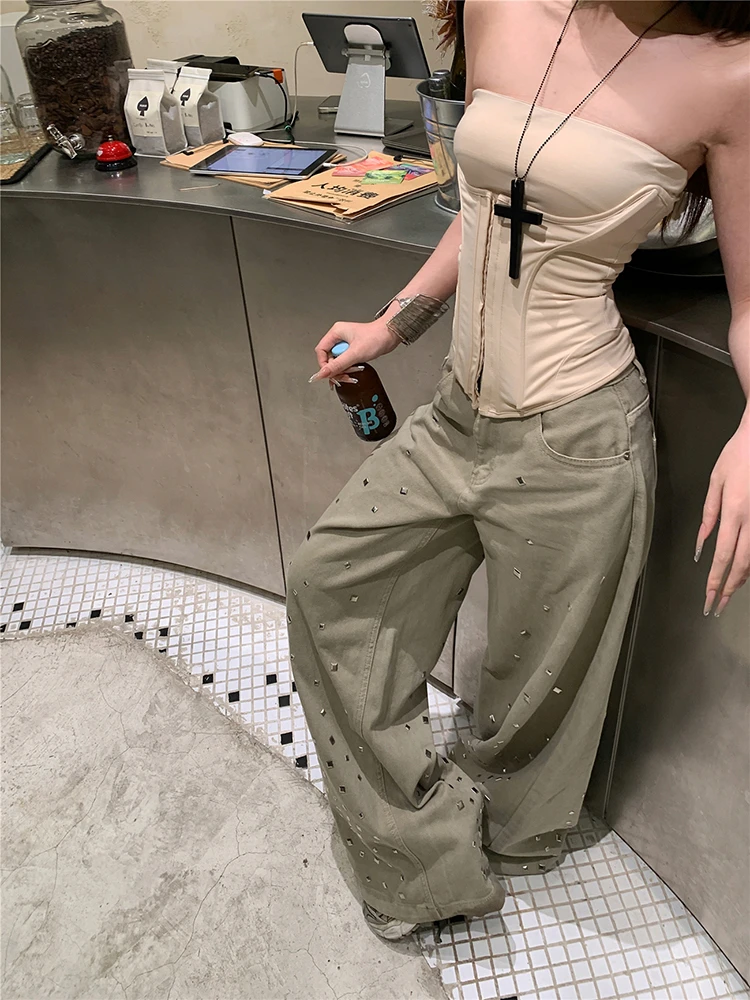 大码设计感烫钻牛仔裤女夏季新款美式复古高街宽松高腰阔腿拖地裤