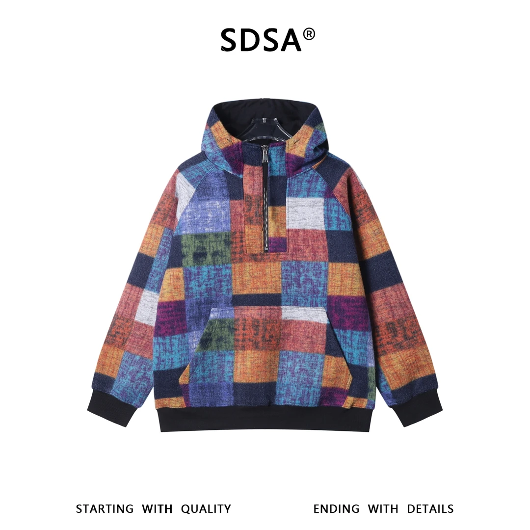 SDSA秋冬新款痞帅男装时尚撞色格子设计半拉链立领连帽卫衣高级感
