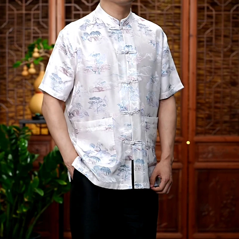 【松峰鹤影】中国风短袖唐装男夏季新款复古立领中式盘扣上衣男装