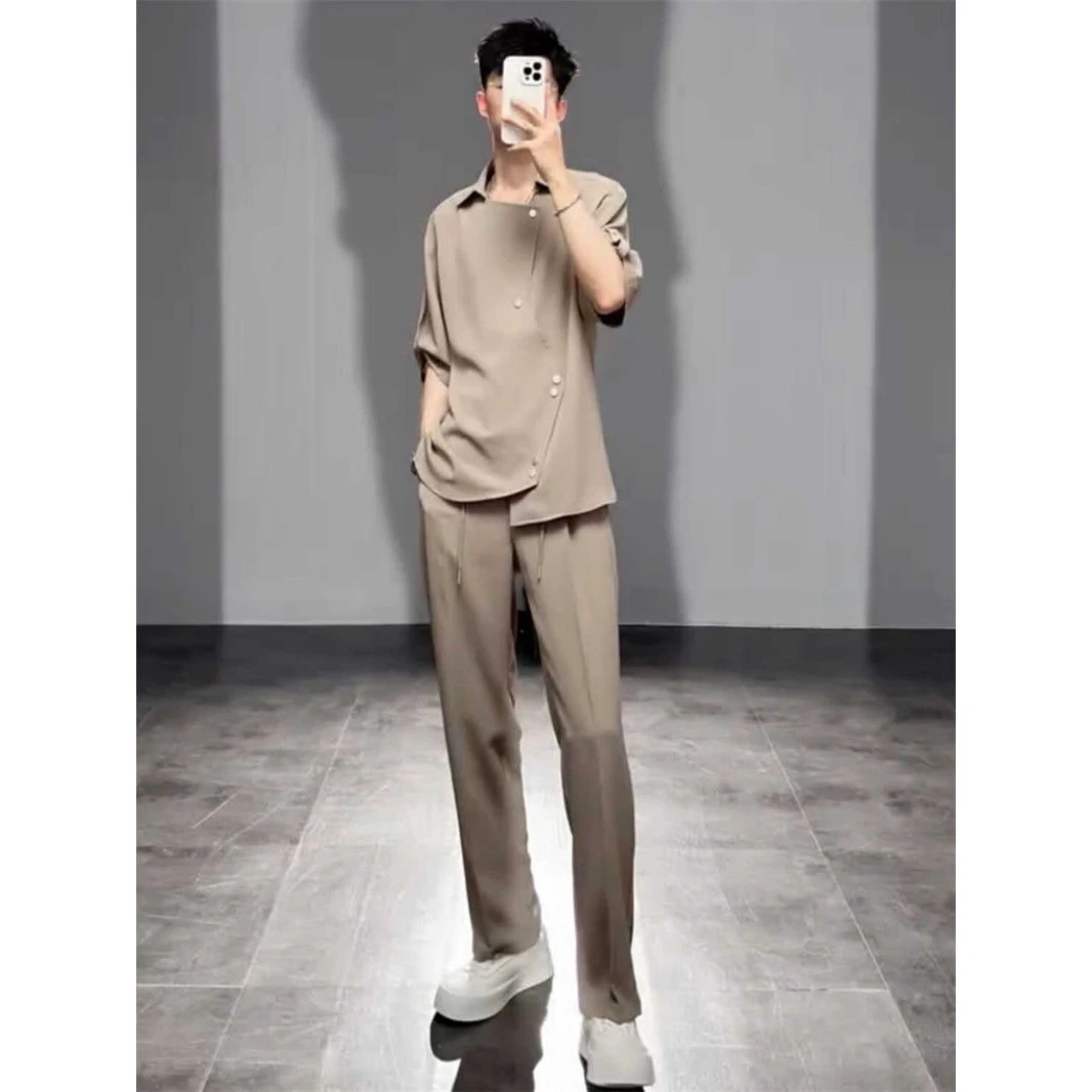 夏季新款短袖衬衫搭配长裤套装男士对称不规则门襟冰丝痞帅两件套