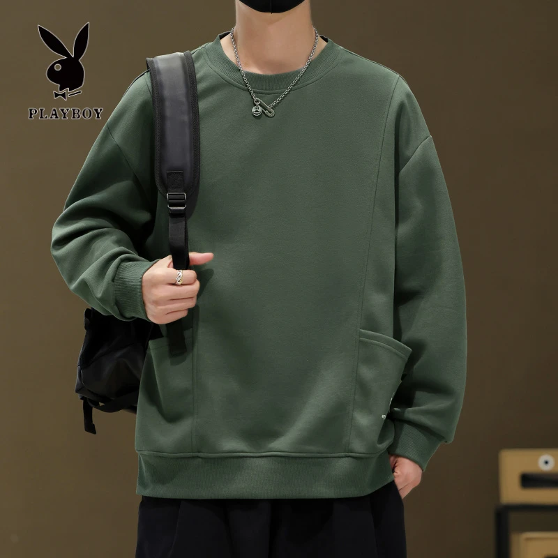 花花公子双口袋百搭圆领卫衣男2025秋季韩版潮流宽松长袖休闲上衣