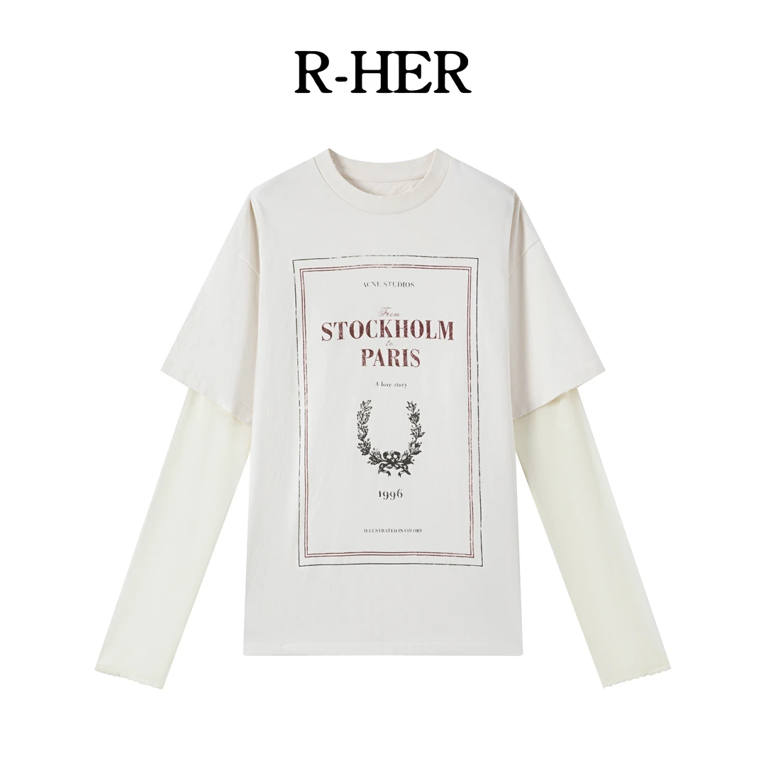 R-HER【字符印花】夏季新款字母印花假两件宽松休闲防晒长袖T恤女