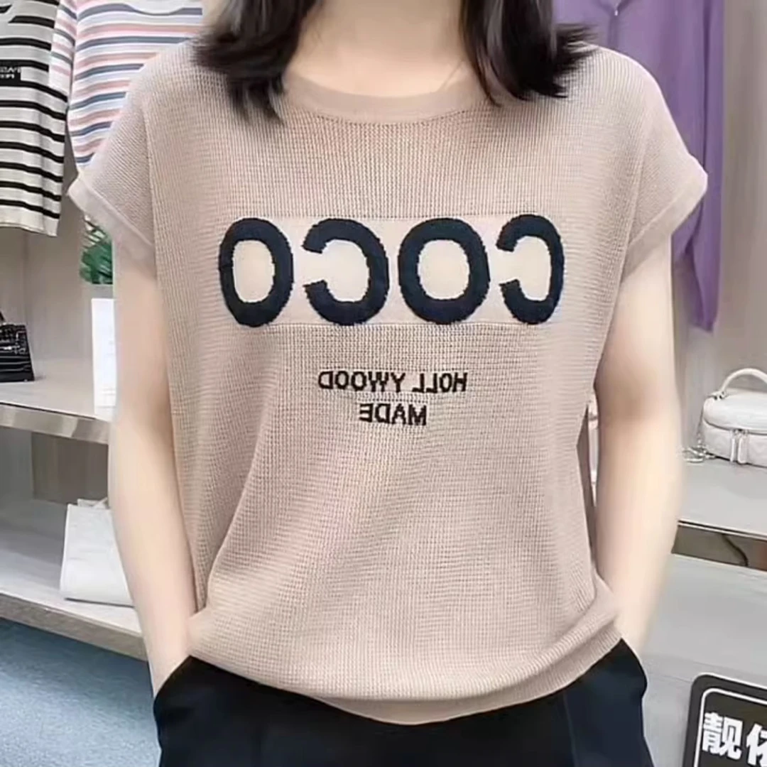镂空冰丝短袖T恤女夏季薄款提花透气针织衫宽松大码遮肚外穿上衣