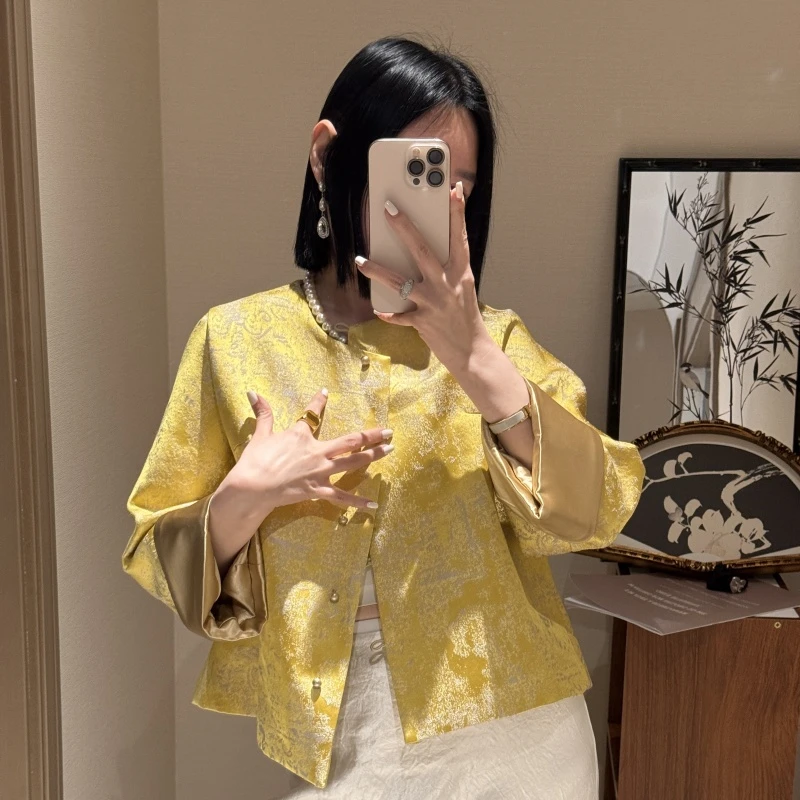 春季新中式国风浮雕提花宽松休闲外套女百搭减龄时尚圆领开衫上衣