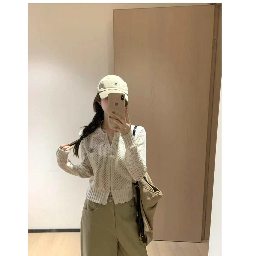 韩11软糯短款针织开衫外套内搭打底拉链网眼罩衫