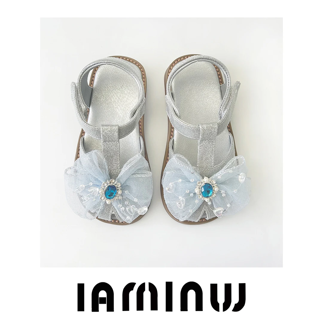 IAMINUU2025夏女宝蓝色蝴蝶结仙女风钻石魔术贴软底儿童凉鞋