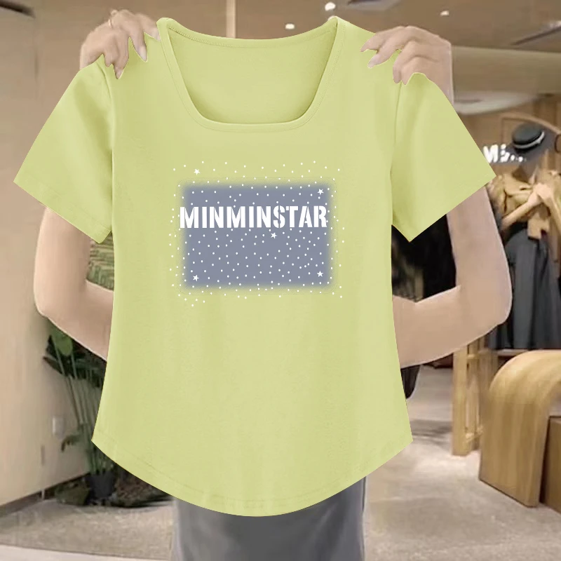 【清仓捡漏】爆款夏季简约短袖T恤新款休闲遮肚子洋气方领通勤上衣