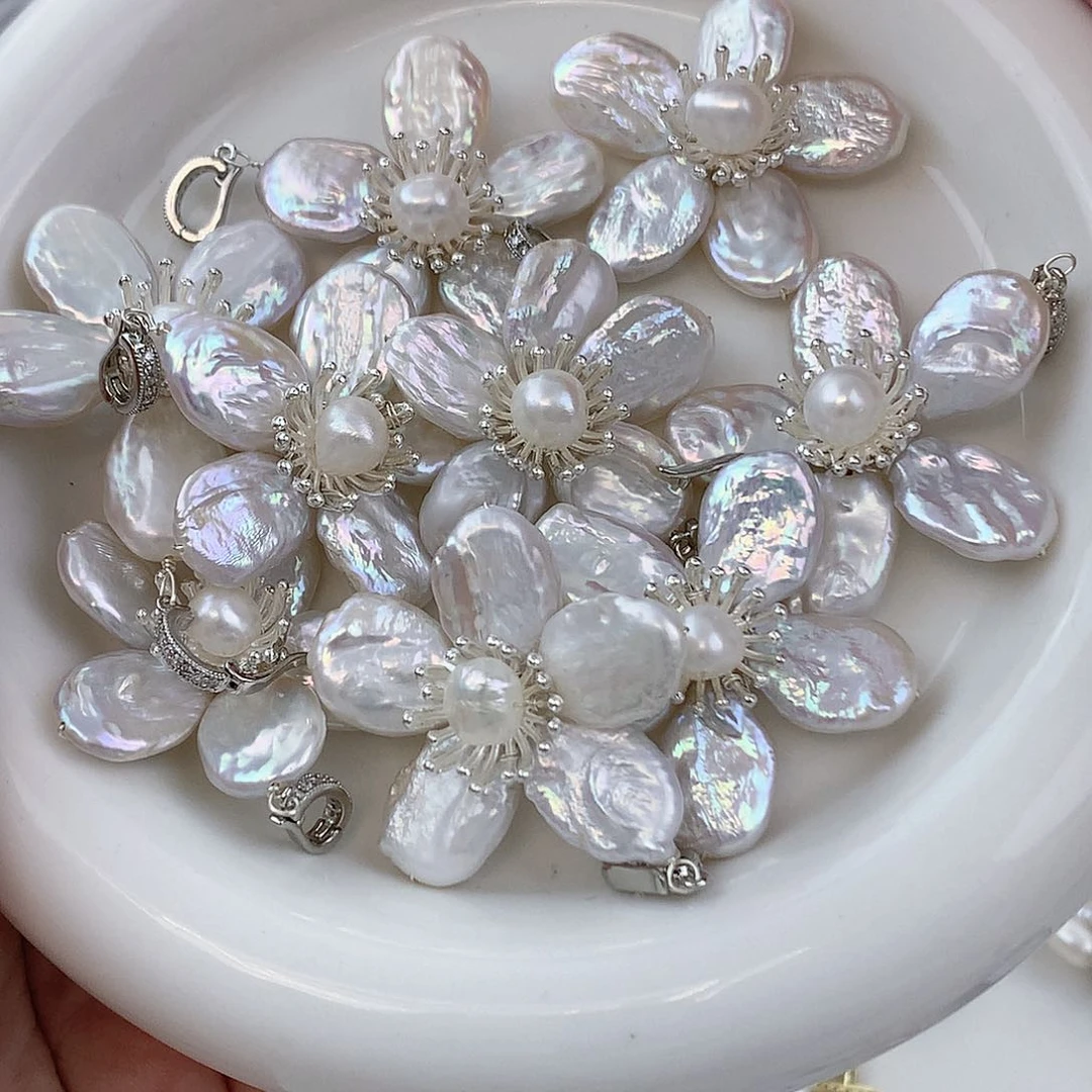 银S925镶嵌耳饰淡水珍珠大花吊坠