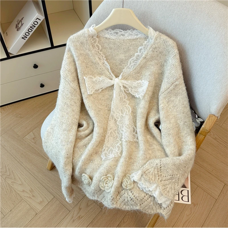 ～蕾丝蝴蝶结拼接宽松长袖毛衣女2025秋季新款慵懒风甜美上衣