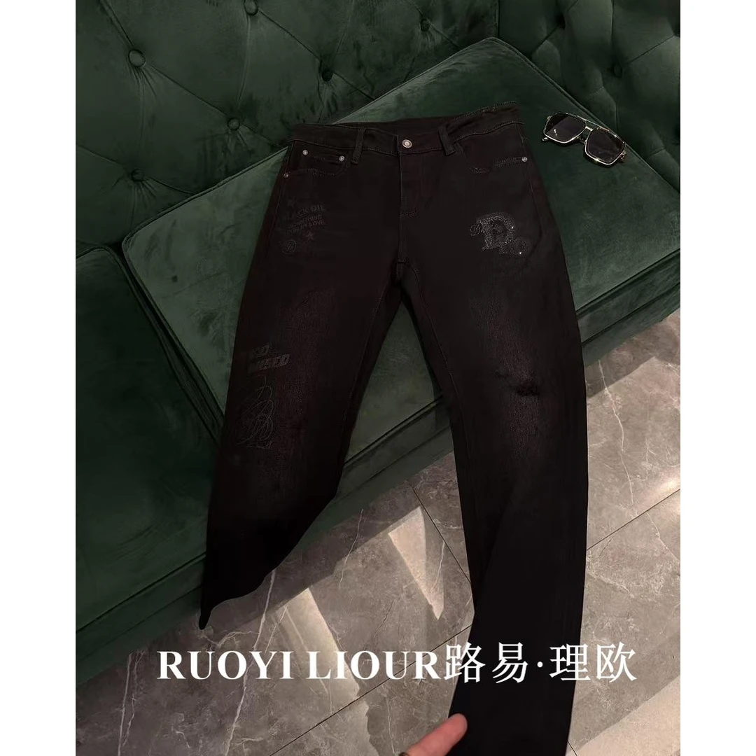 【路易理欧】欧货时尚潮流街头纯色休闲百搭男士牛仔裤6173