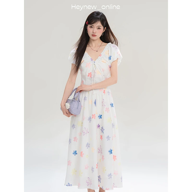 【年中宠粉福利】浪漫绝美彩花泡泡袖连衣裙V领系带长短款5C1588